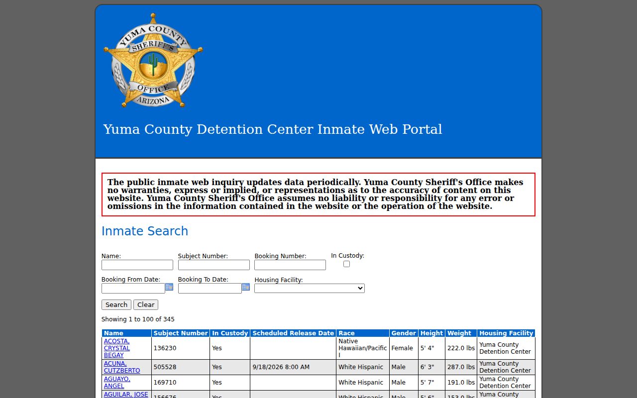 Yuma neighbors page showing the official county inmate inquiry