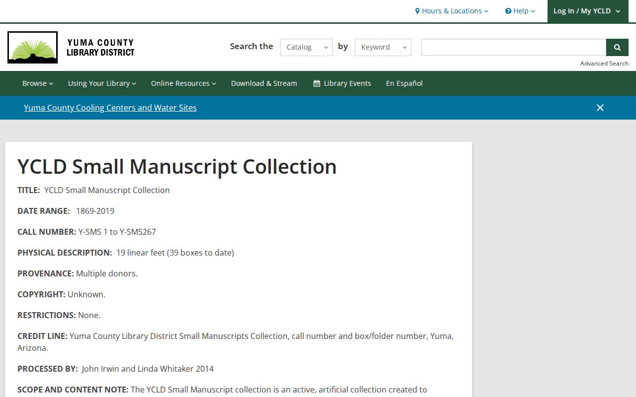 Yuma County Library small manuscript collection used in previous residents research