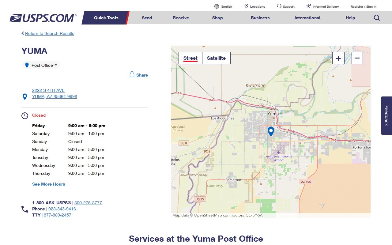 Yuma ZIP code directory post office details for central Yuma